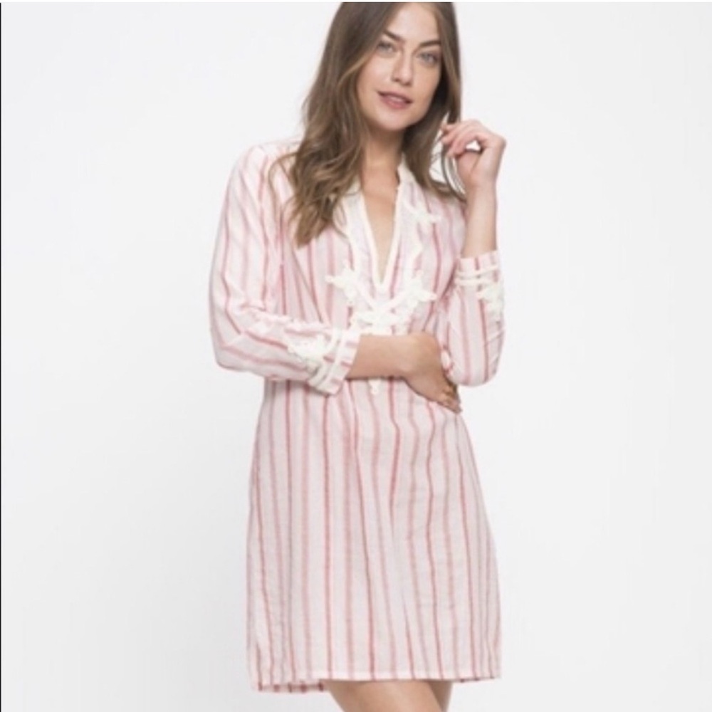 Gallabia Embroidered Cotton Striped Long Sleeve Kaftan Mini Dress $290 Sz XL